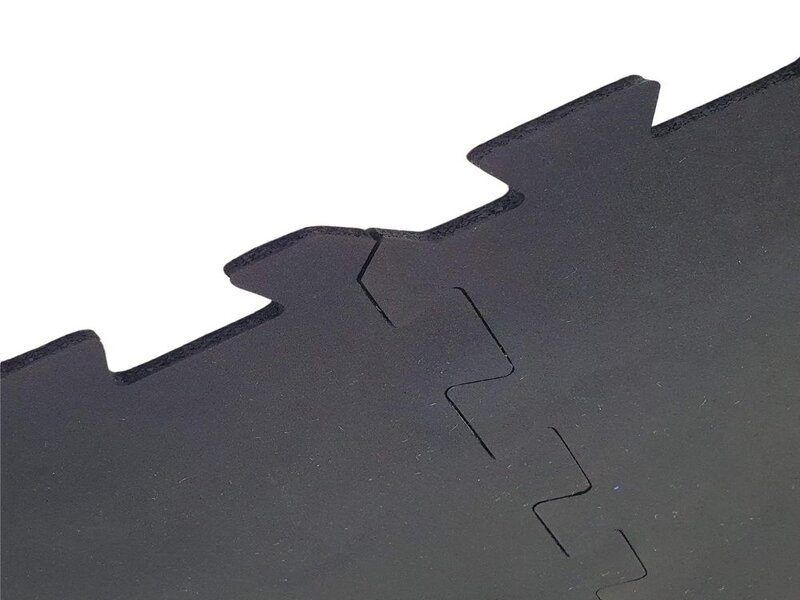 A close-up shot showing the tight fit and material quality where a piece of heavy equipment meets the rubber floor.